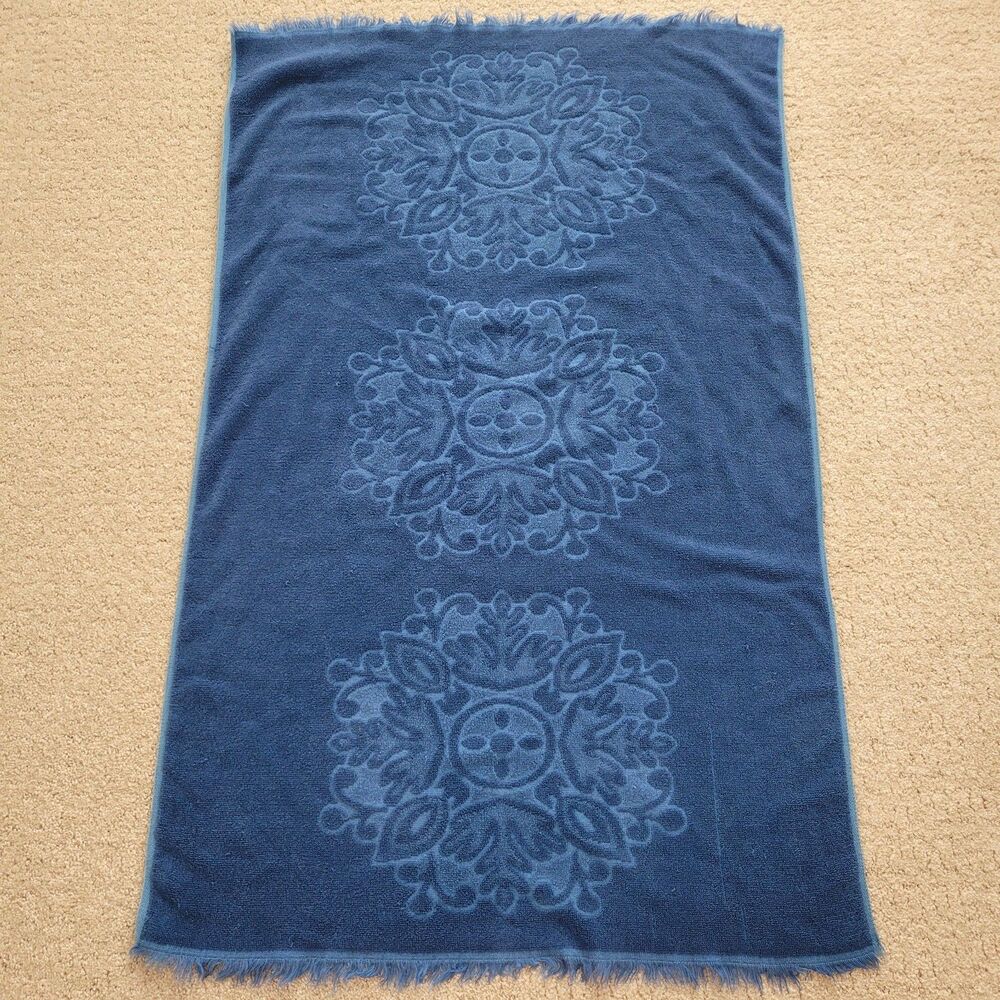 Vintage Sears Drylon Bath Towel 38x24 Blue Damask Baroque Pattern 90s Y2K Retro